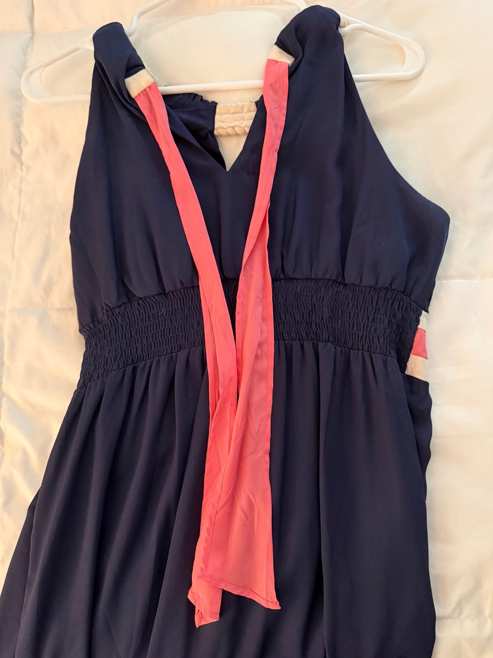 Judith March Navy Dress with Scoop Rope Accent & Coral Tie at Neck